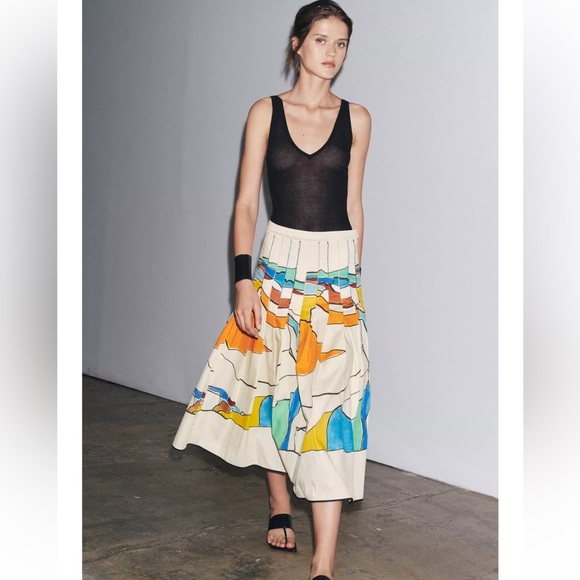 ZARA ZW Collection Printed Pleated Skirt Colorful Abstract Painting Midi - Picture 5 of 15